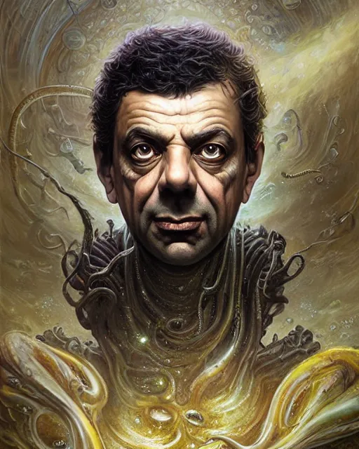 Image similar to lovecraft biopunk portrait of rowan sebastian atkinson by tomasz alen kopera and peter mohrbacher