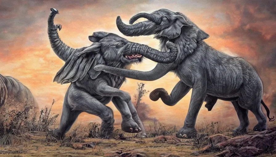 Image similar to beautiful lifelike painting of wolf from gladiator giving carla the elephant wolf power, hyperreal detailed facial features and uv lighting, art by ed roth and basil wolverton