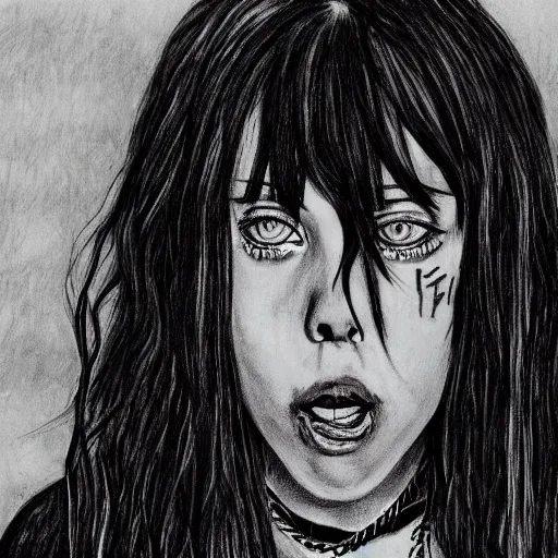 Prompt: grunge drawing of billie eilish in the style of the grudge