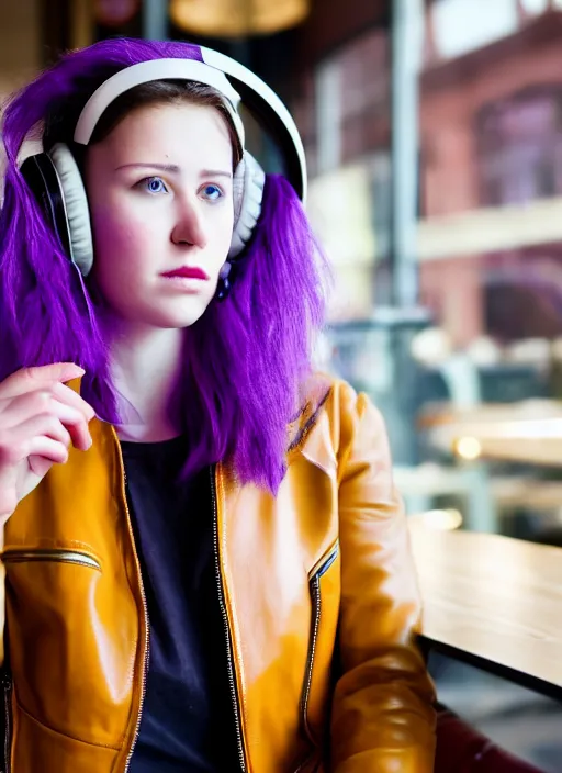 Prompt: young adult woman in a coffee shop wearing bright purple headphones and a leather jacket looking unamused, natural light, award winning magazine photo, 5 0 mm lens