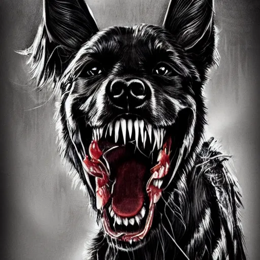 Image similar to venom dog version, ultra realistic, highly detailed, photorealism, scary, intricate detail, high res, textures, extremes, dark, twisted, black, wiry, superhero, antihero, powerful, teeth, licking tongue, dog, hair, german shepard