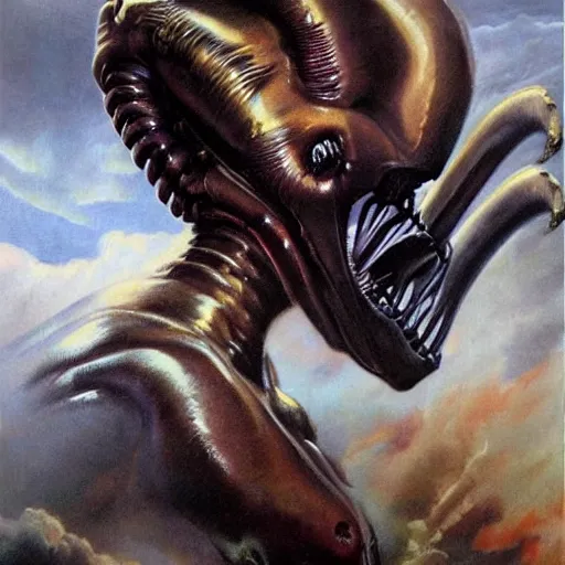 Prompt: ultra realistic portrait painting of a xenomorph, art by frank frazetta, vintage levi ’ s ad, stormy weather, dark vibes, 4 k, ultra realistic, highly detailed, epic lighting