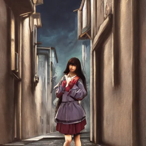 Image similar to a perfect, realistic professional oil painting in Italian renaissance style, of a Japanese schoolgirl posing in a dystopian alleyway, close-up, by a professional American senior artist on ArtStation, a high-quality hollywood-style concept