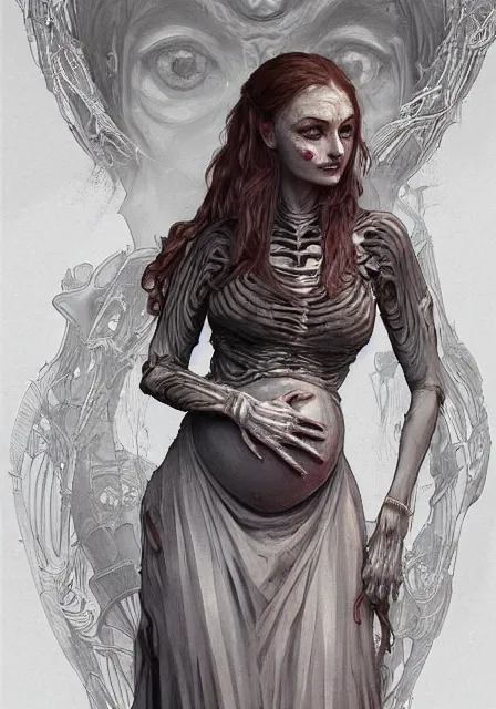 Image similar to sansa pregnant mummy zombie in skeleton, intricate, elegant, highly detailed, digital painting, artstation, concept art, smooth, sharp focus, illustration, art by artgerm and greg rutkowski and alphonse mucha and william - adolphe bouguereau