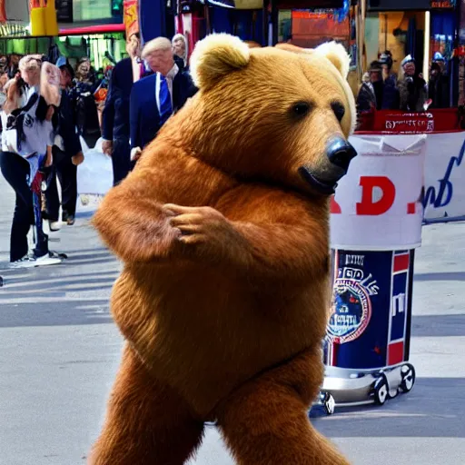 Prompt: Donald Trump as a bear skateboarding in Times Quare