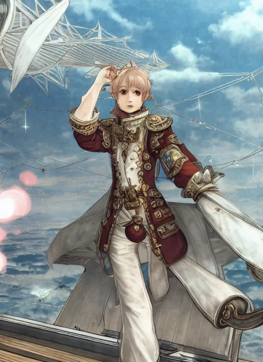 Image similar to character portrait of the white herald on the deck of an imperial airship in the sky, hidari, color page, tankoban, 4K, tone mapping, Akihiko Yoshida.