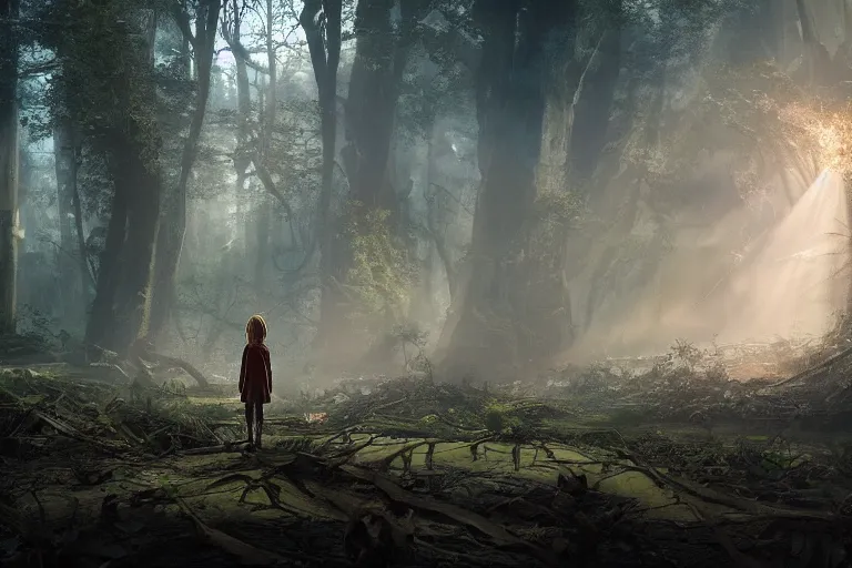 Image similar to the great beyond, sci - fi scene future new york, little girl holding a hand of a big robot, forest punk, crepuscular rays, epic scene, hyper realistic, photo realistic, overgrowth, cinematic atmosphere, ethereal lighting, in the style of john waterhouse