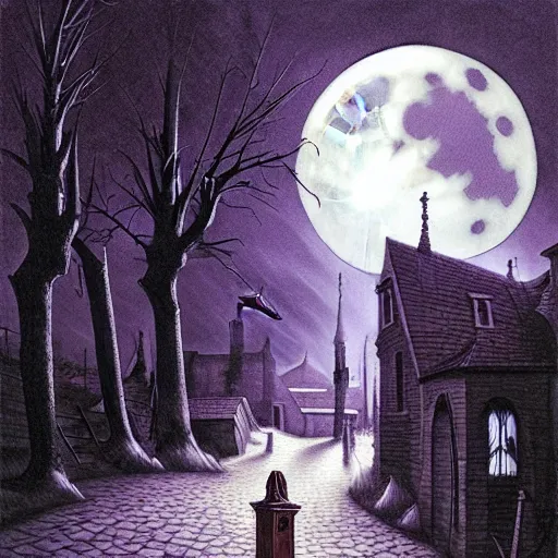 Prompt: in the style of gerald brom, caravaggio, beautiful small town, houses and buildings, 1 8 0 0 s, cobblestone roads, low light, purple low large moon, evil dark witch black magic, trees, forest in the distance, light mist