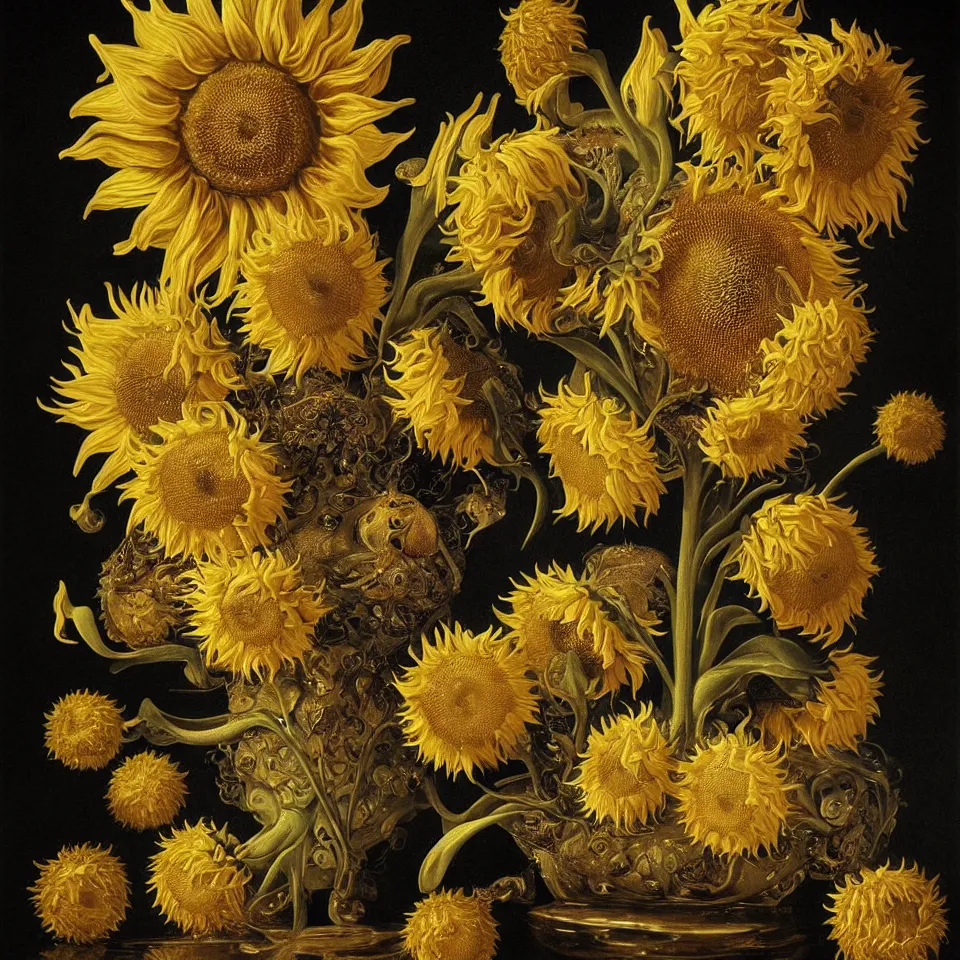 Prompt: dutch golden age bizarre sunflower portrait made from flower floral still life with very detailed aquatic flowering lotuses with amphibians, disturbing fractal forms sprouting up everywhere by rachel ruysch black background chiaroscuro dramatic lighting perfect composition high definition 8 k oil painting with black background by christian rex van dali todd schorr of a chiaroscuro portrait recursive masterpiece