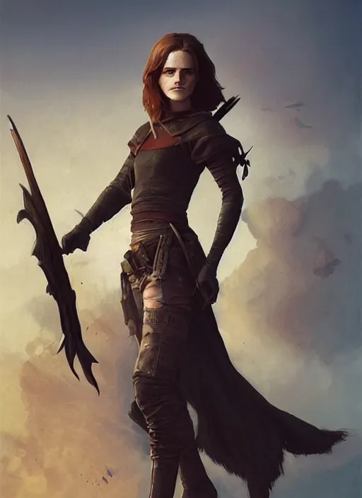 Image similar to hyper realistic photo of medieval beautiful rogue hunter emma watson, full body, rule of thirds, conceptart, saturated colors, cinematic, greg rutkowski, brom, james gurney, mignola, craig mullins, artstation, cgsociety