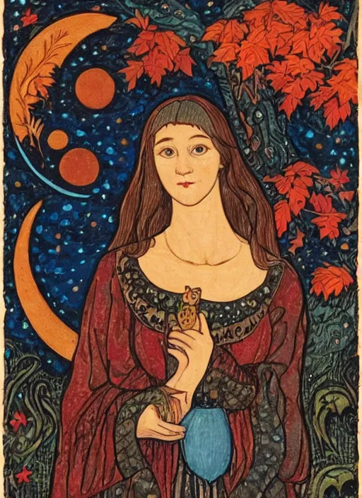 Image similar to portrait of a young woman holding a frog ; forest ; moon and stars ; slavic tale ; ivan bilibin style ; 8 k ;