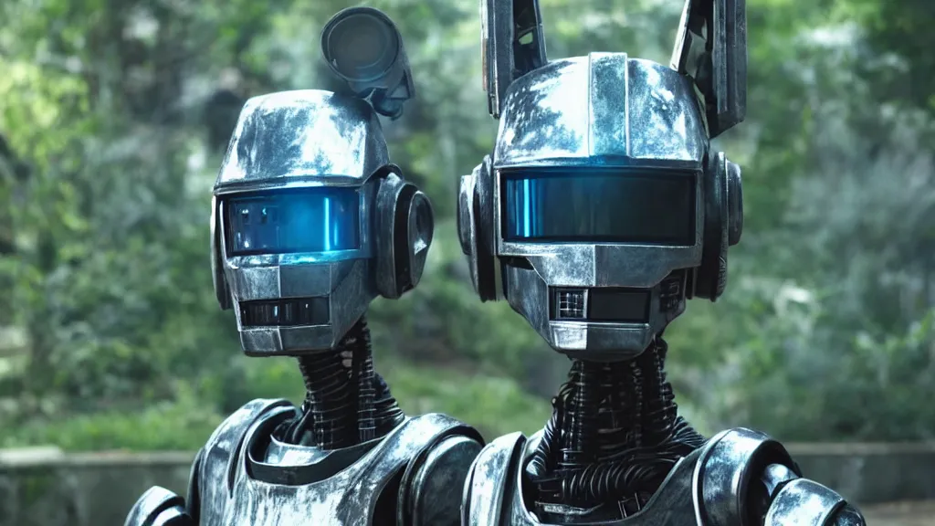 Prompt: film still from the movie chappie of the robot chappie shiny metal outdoor park plants scene bokeh depth of field furry anthro anthropomorphic stylized cat ears head android service droid robot machine fursona