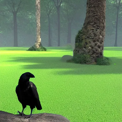 Image similar to a big friendly jungle crow in a park in a rainy day, digital painting, ultra detailed, unreal engine 5