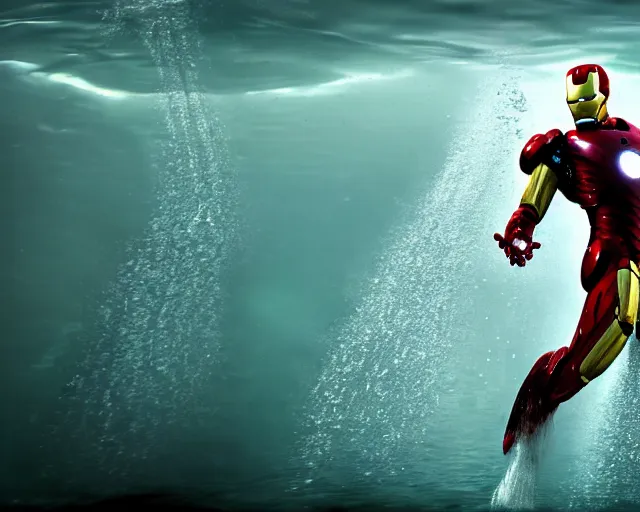 Image similar to iron man submerged under water, cinematic, photoreal, by red dead redemption 2