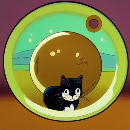 Image similar to a cat peeks out of a circular bubble window, 1 9 9 0 s anime, animation cel, kawaii, soft glow, studio ghibli, grainy