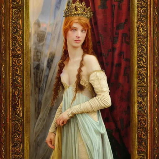 Image similar to a highly detailed portrait of a medieval french princess, translucent dress, beautiful detail and color, art by john collier and albert aublet and krenz cushart and artem demura and alphonse mucha, volumetric lighting, octane render, 4 k resolution, matte, sharp focus, illustration, art by jacque - louis david, baroque style