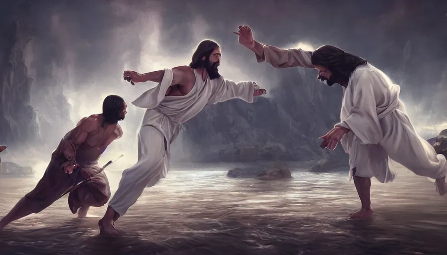 Image similar to a painting of jesus fighting a blind man, hyperrealistic, 8k, unreal engine, artstation, cgsociety