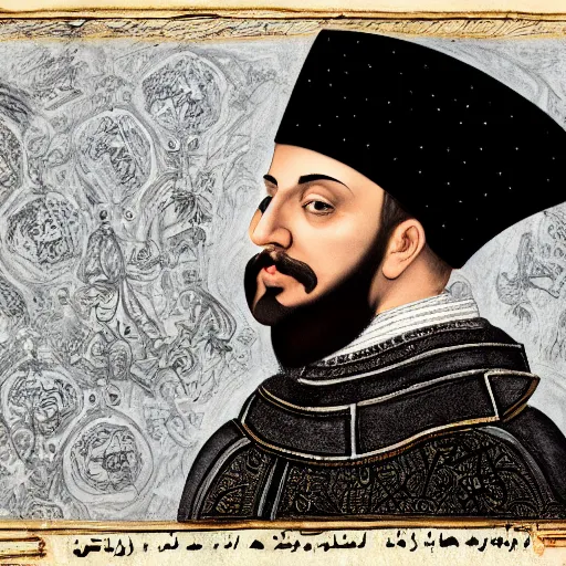 Prompt: a portrait of sultan suleiman the magnificent, focused gaze, art station, highly detailed, concept art, sharp focus, illustration in pen and ink, 4 k wide angle