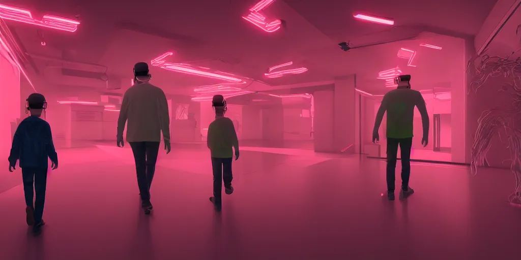 Image similar to a detailed hyper realistic photograph of a father and his son walking in a neon room with Virtual reality headsets experience digital wildlife, artstation, sophisticated, depth of field, Unreal engine, dystopia, anti-utopia, post processing, nostalgic melancholic artwork, intricate