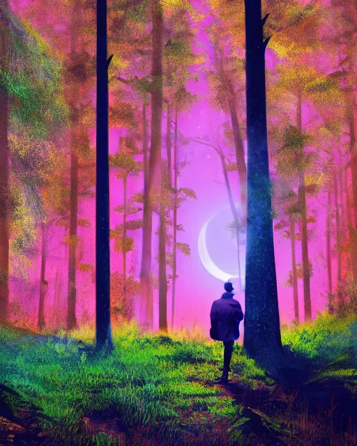 Prompt: man with pink glowing afro wearing disco jacket, standing in atmospheric spring forest at night, high contrast photoshop digital painting, beautiful moon lighting, best of artstation 4 k