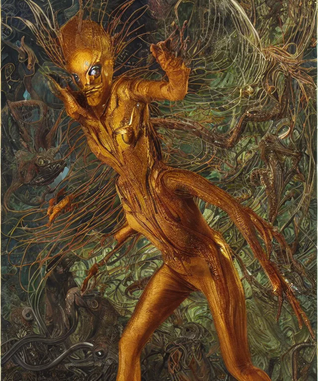 Prompt: a portrait photograph of a running fierce sadie sink as a strong alien harpy queen with amphibian skin. she is dressed in a fiery lace shiny metal slimy organic membrane catsuit and transforming into a insectoid snake bird. by donato giancola, walton ford, ernst haeckel, peter mohrbacher, hr giger. 8 k, cgsociety