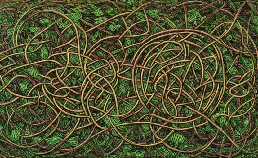 Image similar to a network of thick vines intertwined in the shape of a Celtic knot, central composition, in the style of Peter gric and Hannah yata 8k