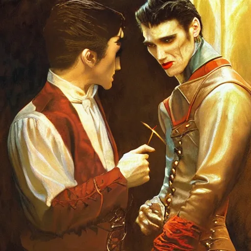 Image similar to attractive male, arthur pendragon confesses his love to attractive male dracula the vampire. highly detailed painting by gaston bussiere, craig mullins, j. c. leyendecker 8 k