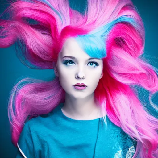 Image similar to a dramatic photo of a beautiful young woman with cotton candy hair. with a little bit of cyan and pink