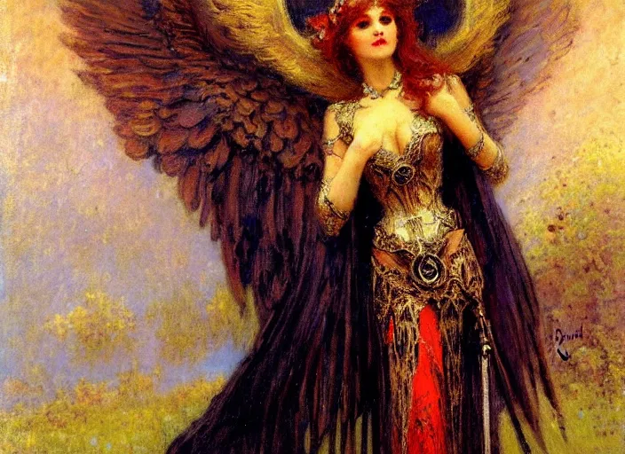 Image similar to horizontal prtrait of an angel knight gothic girl, baroque dress. by gaston bussiere