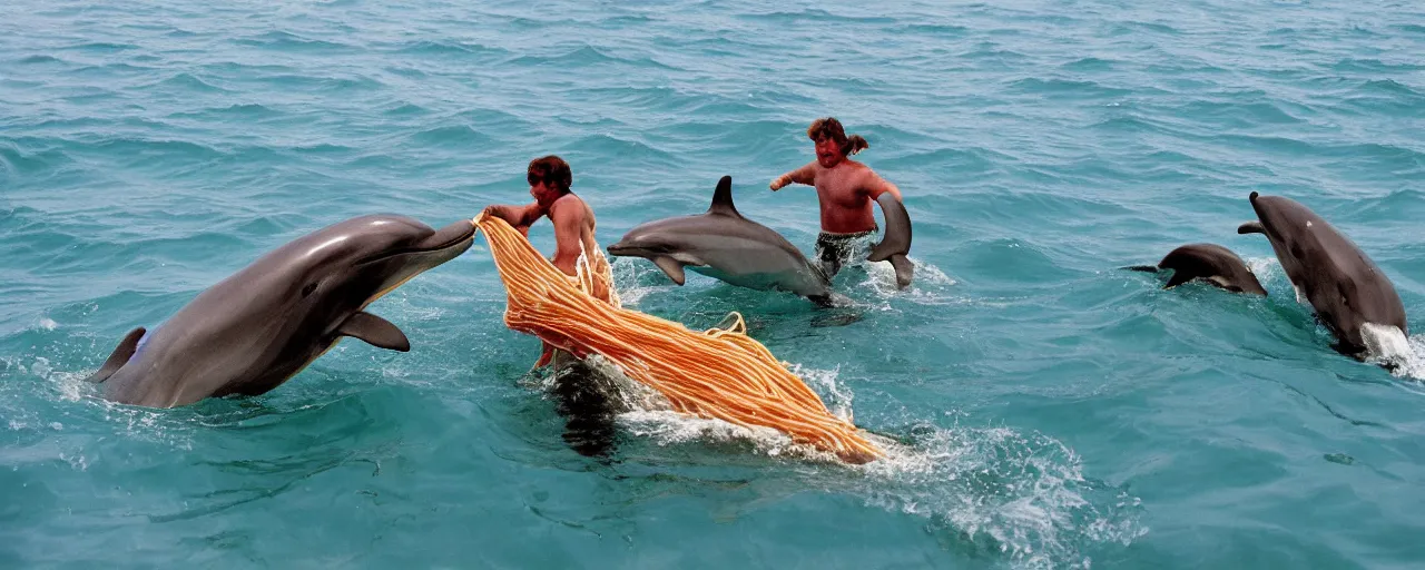 Image similar to dolphins receiving spaghetti from humans from a boat, ocean,, small details, intricate, sharply focused, canon 5 0 mm, wes anderson film, kodachrome