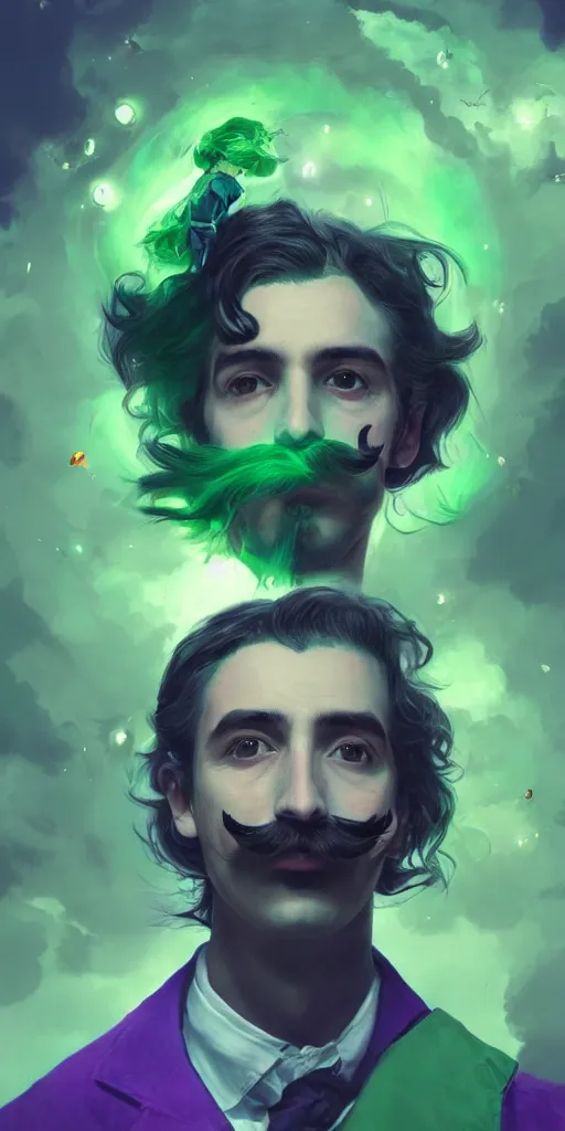 Prompt: a young male wizard with a salvador dali moustache in space, green and purple colors, volumetric lighting, greg rutkowski, artstation, 8k