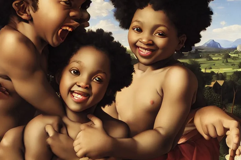 Image similar to carefree black children playing smiling and laughing, digital renaissance painting by artgerm by caravaggio and face by wlop