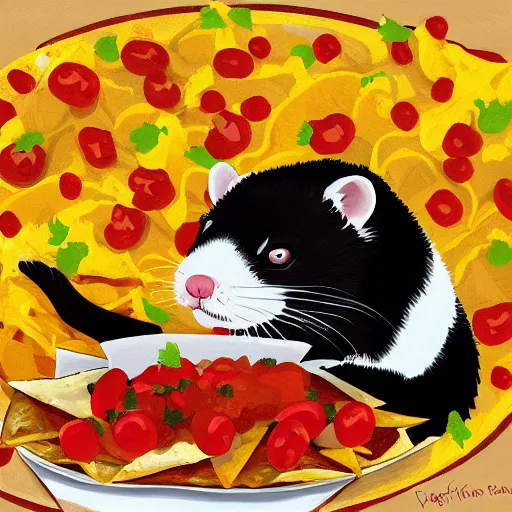 Image similar to a ferret eating a huge plate of nachos with enthusiasm, digital painting