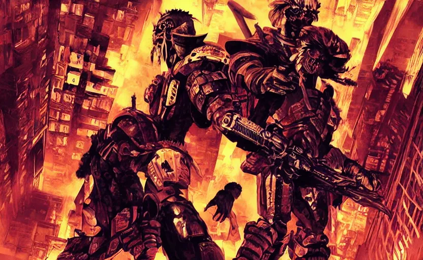Image similar to the demonslayer carries a buster sword to vanquish all the shinra soldiers and the hell creatures invading the apartment building, judge dredd inspired, digital painting, hardcore metal cover art, intense, cinematic, muzzle flashes, graphic novel, masterpiece, by ilya kuvshinov, by yoji shinkawa, by kentaro miura