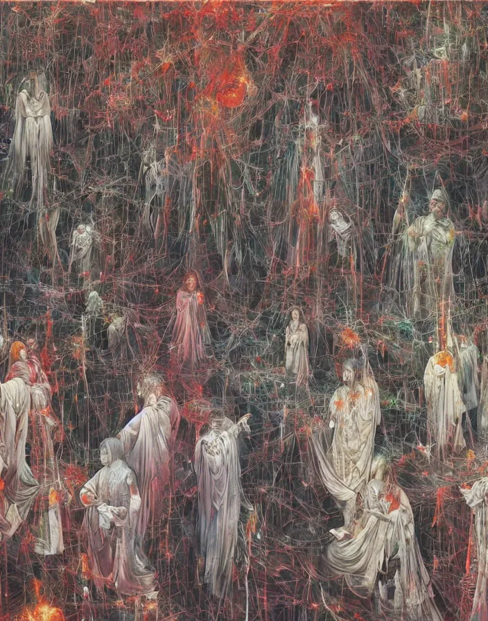 Image similar to worshippers in robes gather around the big glowing crystal, big glowing crystal radiating white light, interior, high detailed beksinski painting, part by adrian ghenie and gerhard richter. art by takato yamamoto. masterpiece, deep colours