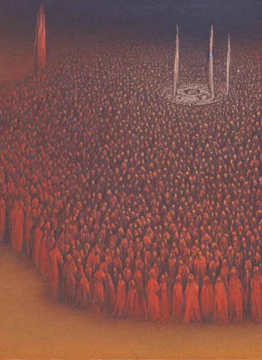 Image similar to a large amount of cultist followers gathered in front of a cult leader's stage, view from stage, in the style of beksinski