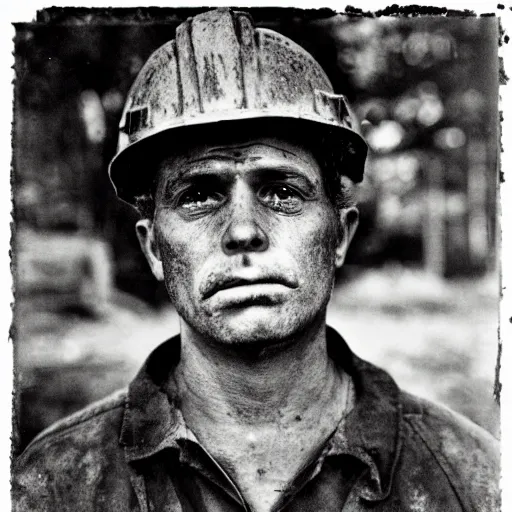 Image similar to portrait of coal mine worker by Diane Arbus, 50mm, bokeh