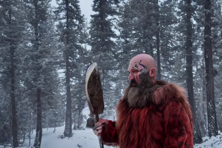 Image similar to vfx movie tough bald man in furs, natural grizzled skin, streaks of red face paint grey beard, holding two detailed viking axes, in snowy tahoe by emmanuel lubezki