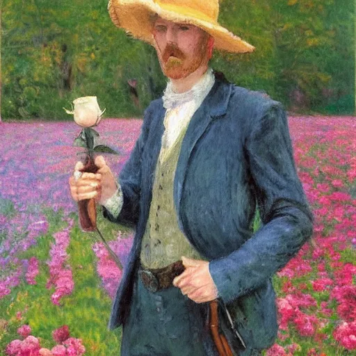 Prompt: an impressionist painting of a tall man with blue eyes that is wearing a wide brim hat and a leather vest. He is holding a revolver in his left hand and a rose is in his right hand. He is standing in a field of roses. He does not have facial hair.