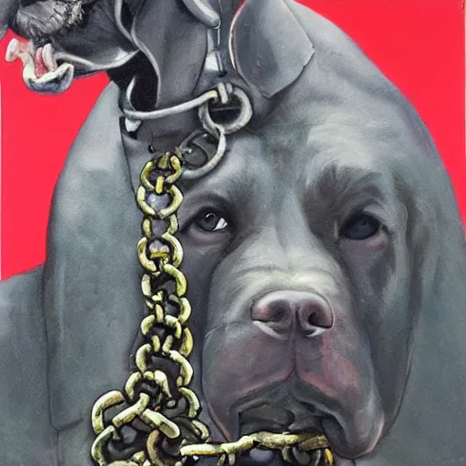 Prompt: mad dog on a chain, collage, acrylic on canvas, breathtaking detailed