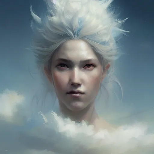 Image similar to a beautiful portrait of a cloud goddess by Greg Rutkowski and Raymond Swanland, Trending on Artstation, ultra realistic digital art