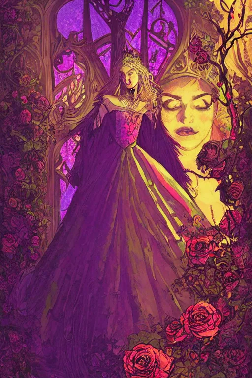 Prompt: Psychedelic black light style, nostalgia of a fairytale, elegant fairytale tower covered in roses, full body portrait of medieval princess, cottagecore, Exquisite, dramatic lighting, by Marc Simonetti, Mike Mignola