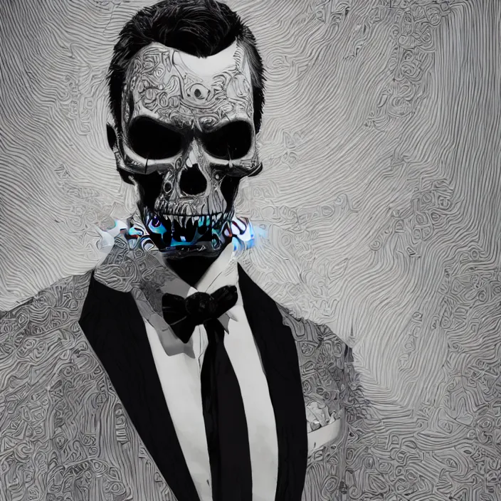 Prompt: portrait of james bond as a skull in a suit. intricate abstract. intricate artwork. nightmare fuel. by Tooth Wu, wlop, beeple, dan mumford. octane render, trending on artstation, greg rutkowski very coherent symmetrical artwork. cinematic, hyper realism, high detail, octane render, 8k, iridescent accents