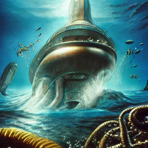 Image similar to 2 0, 0 0 0 leagues under the sea, artstation hall of fame gallery, editors choice, # 1 digital painting of all time, most beautiful image ever created, emotionally evocative, greatest art ever made, lifetime achievement magnum opus masterpiece, the most amazing breathtaking image with the deepest message ever painted, a thing of beauty beyond imagination or words