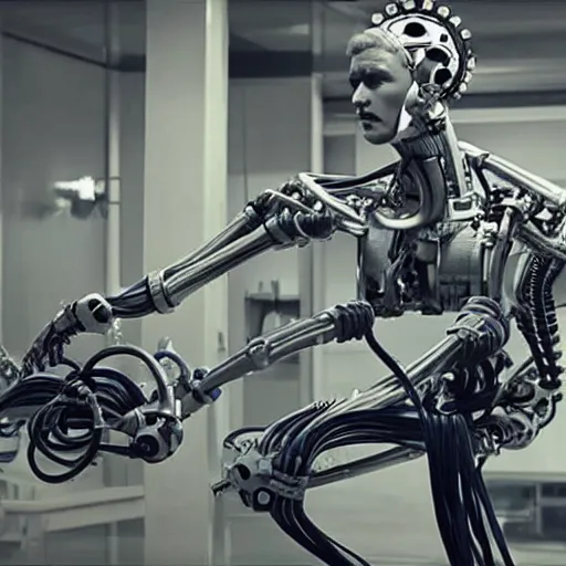 Image similar to a computer growing robotic arms and legs. Still from big budget hollywood sci-fi film.