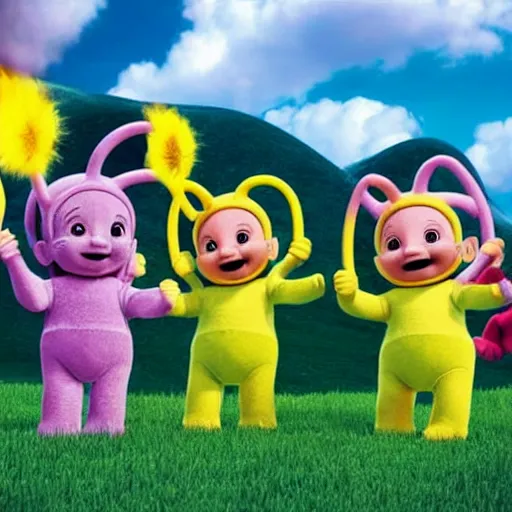 Image similar to Teletubbies with wide open eyes and smile, highly detailed, sharp focus, octane render, realistic eyes