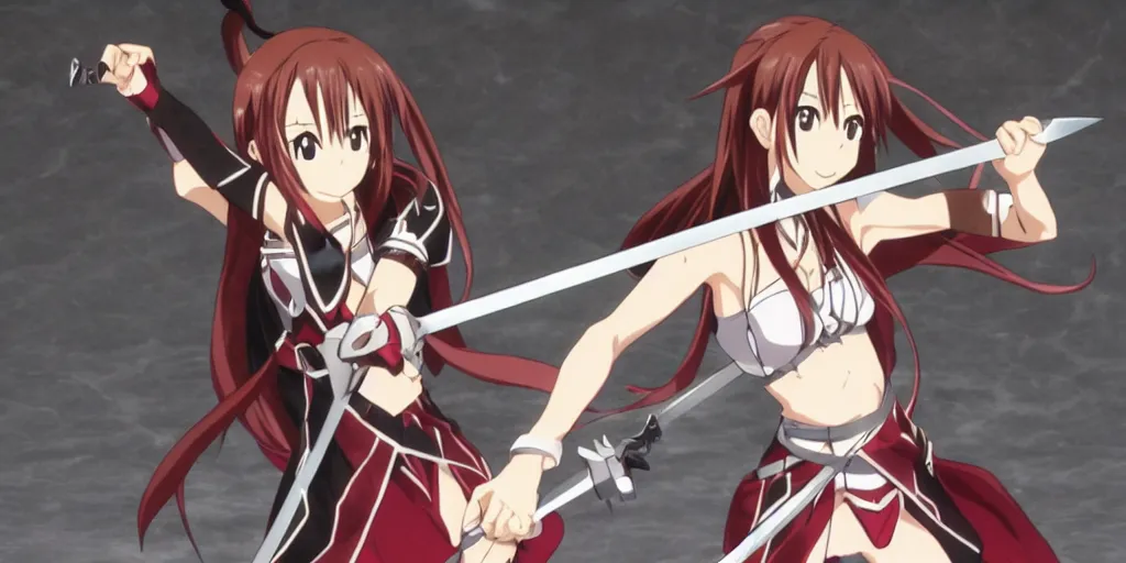 Prompt: Asuna Yuuki in fighting pose, striking her sword on her enemy