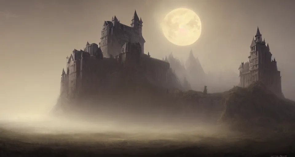 Prompt: an old castle rising up from the mist at night silhouetted by a huge moon, by Noah Bradley, Darek Zabrocki,, James Paick, Natasha Tan, highly detailed, ultra detailed, ultra realistic, trending on artstation, thomas kincade