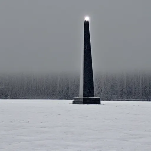 Image similar to a large obelisk on a flat plain of ice. grainy, overcast sky, snowing.