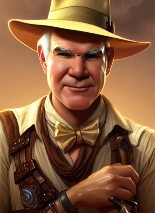 Prompt: steve martin as indiana jones, d & d, fantasy, intricate, elegant, highly detailed, digital painting, artstation, concept art, matte, sharp focus, illustration, hearthstone, art by artgerm and greg rutkowski and alphonse mucha